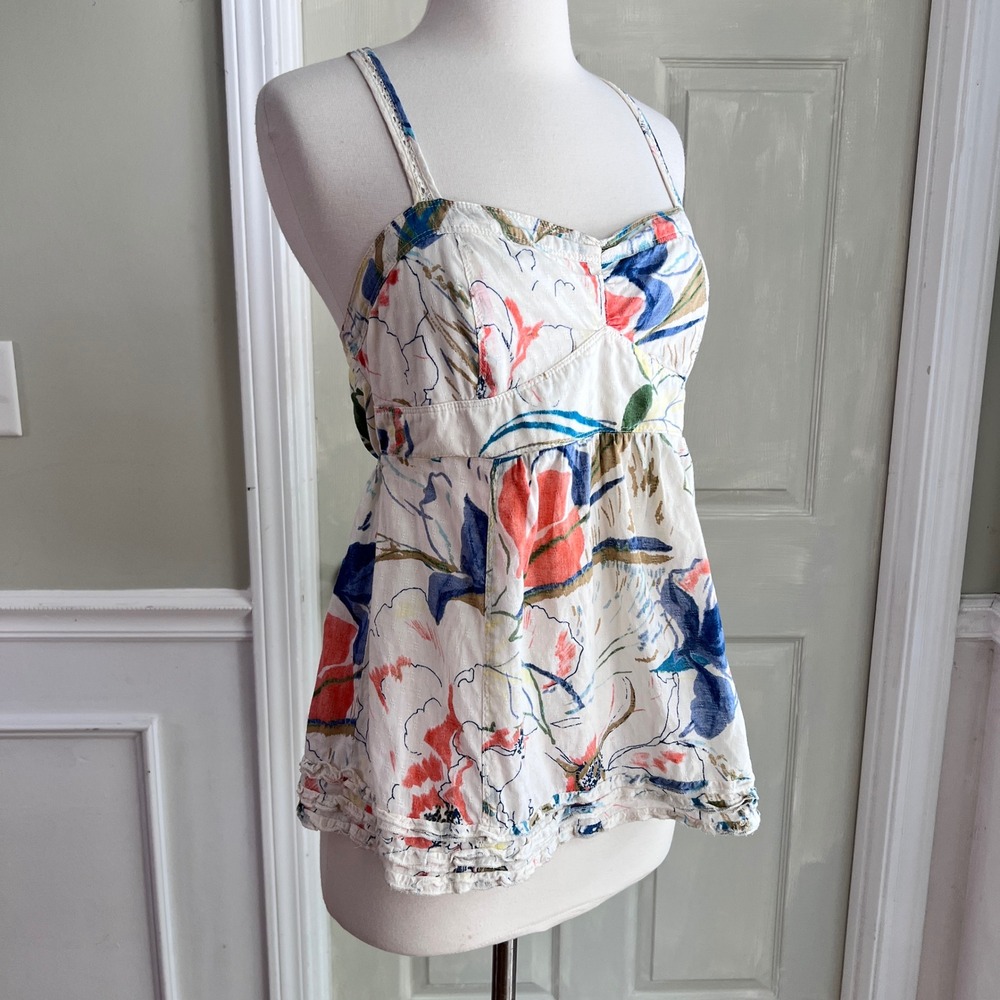 Hollister Floral Babydoll Cami Top S Womens Smocked Ruffle Cotton White Y2K Boho